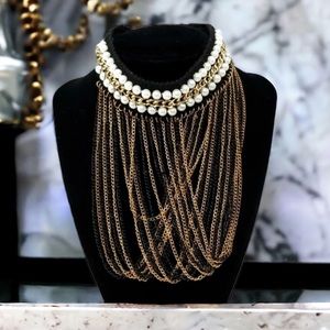 Bib Choker Collar 2-Tone Swag Chain Statement Necklace w/ Faux Pearls